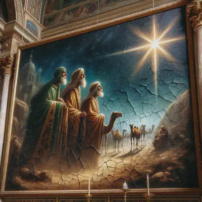 Oil painting of Magi looking at the bright star