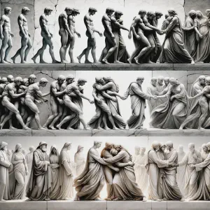 A marble statue depicting a group of believers uniting and transforming into a sacred family.