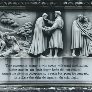 A marble statue representing an ancient society engaging in moral economic dealings.