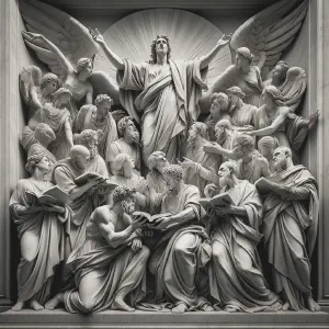 Statue showing a group in deep reflection and gratitude for the teachings of the Bible.