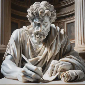Marble statue of Apostle Paul writing with an expression of profound sorrow.