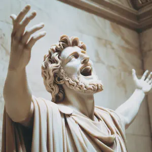 Marble statue capturing the Psalmist singing praises in the temple.