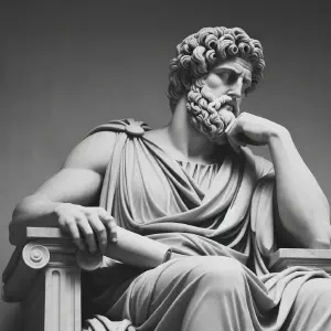 A marble statue of a wise judge with a scroll, embodying authority and contemplation in an ancient Greek scene.