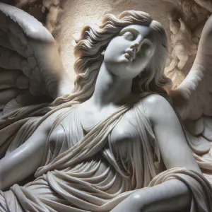 A Greek marble statue depicting Eliana in a celestial realm, embodying divine tranquility.