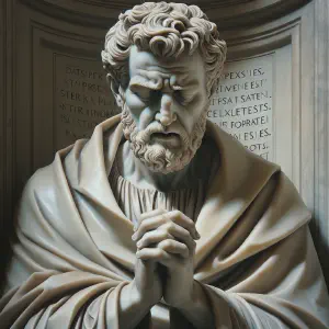 An ancient Roman statue of Father Michael reciting Psalm 34 in a chapel.