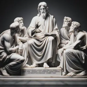 Greek marble statue illustrating a scene from the Gospel of Luke, emphasizing humility.