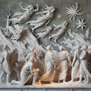 An ancient Greek or Roman marble statue depicting villagers in awe of natural elements.