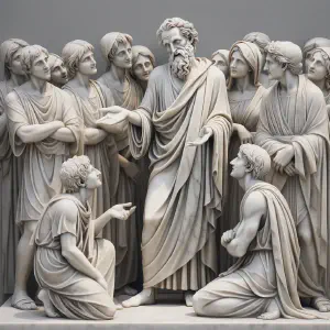 Marble statue of an old sage imparting wisdom in a village, in ancient Greek or Roman style.