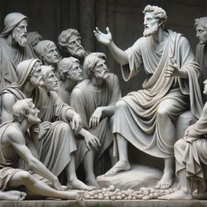 Marble statue of a traveler teaching villagers, crafted in the style of ancient Greek or Roman sculptures.