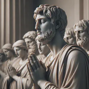 A group of people in a prayerful pose, symbolizing gratitude towards the Creator in a marble statue.