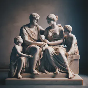 Ancient Greek marble statue depicting a family scene, embodying love, patience, and faith.