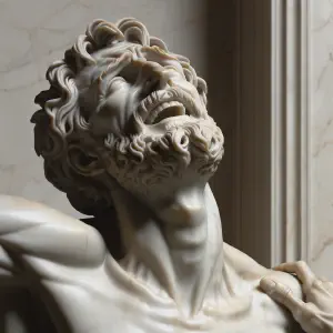 Marble statue of Eleazar facing torture with joy in his faith.