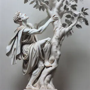 Statue capturing Zacchaeus, a wealthy tax collector, in a sycamore tree.