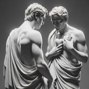 Sculpture of an individual in a reflective and transformative moment.