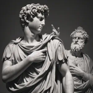 Marble statue in ancient Roman style showing the youngest son before King Antiochus