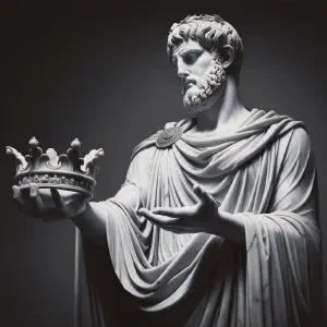 Marble statue of King Antiochus in ancient Greek style, in a commanding posture