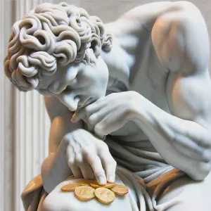 Marble statue in Roman style depicting a person in deep contemplation inspired by a parable