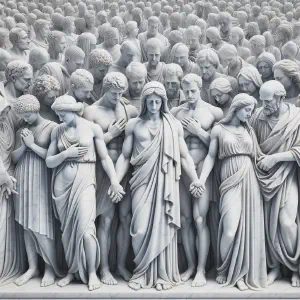 Marble statue in Greek style showing a group united in prayer and faith