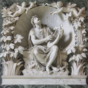 Marble statue of a psalmist with a harp in a pastoral setting