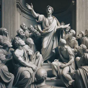 A marble statue depicting a preacher delivering the good news to an attentive audience.
