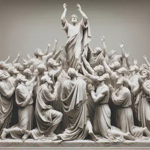 Marble statue of the faithful exalting the Lord in collective worship