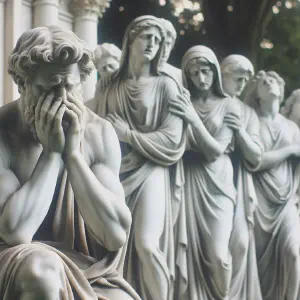 A marble statue depicting a group of ancient Greeks crying out to the Lord.