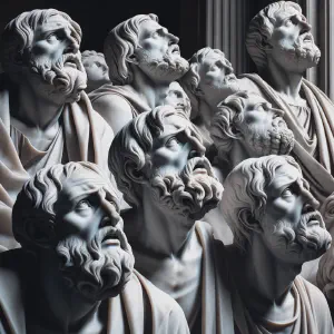 A marble statue portraying a group of remorseful Israelites in ancient Greek style.