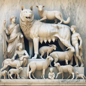 Marble statue showing a peaceful scene of predators and prey coexisting.
