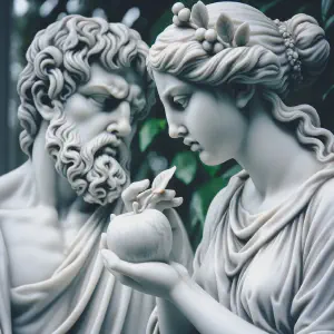 A marble sculpture depicting Eve offering the forbidden fruit to Adam in the Garden of Eden.