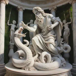A marble sculpture showing the LORD God pronouncing a curse upon the serpent in the Garden of Eden.