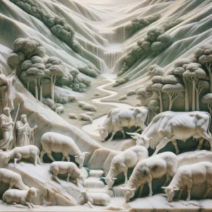 A marble statue depicting a serene pastoral scene with animals grazing.