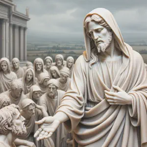 A marble statue of Jesus teaching and healing in towns and villages.