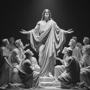 A marble statue showing a scene of divine teaching and guidance.