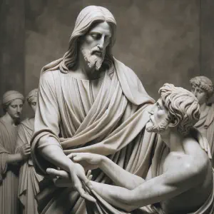 A marble statue depicting Jesus Christ as a healer and teacher.