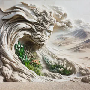 Marble sculpture depicting a desert transforming into a blooming oasis.