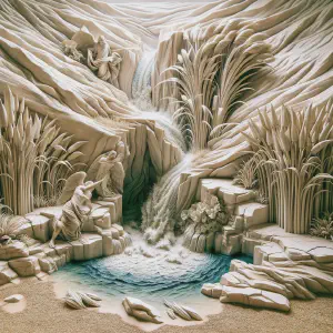 Marble sculpture of a vibrant marsh emerging in a transformed desert.