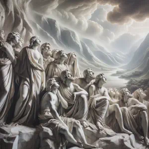 A marble statue depicting the children of Jacob looking towards the sky with sorrow in their eyes.