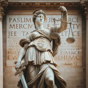 A marble statue of a figure holding scales and a sword, embodying justice and mercy.