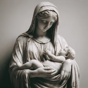 Marble statue of Elizabeth holding her newborn son John.